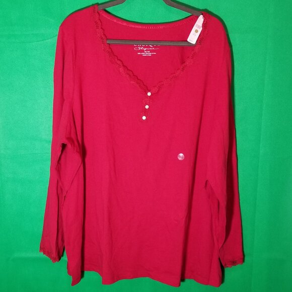 Sleepwear by Cacique Size 26-28 Red Knit V-Neck Long Sleeve Lace Trim NWT - Picture 1 of 4